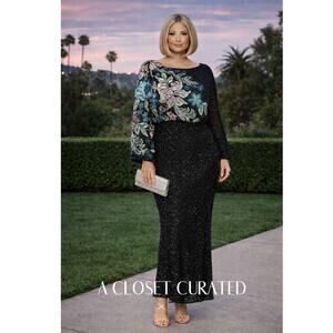 Mac Duggal Embellished Floral High Neck Gown 16 Black NWT Style 5615